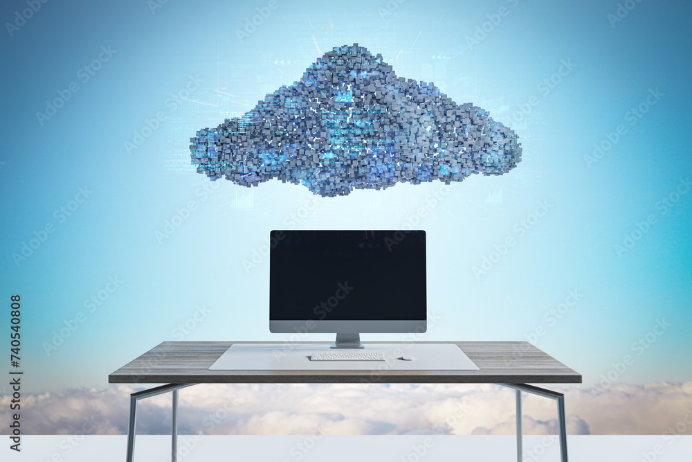 Fototapete Abstract image of empty computer placed on desk under digital cloud with coding on sky background. Digital storage, database, network and technology concept. Mock up, 3D Rendering.