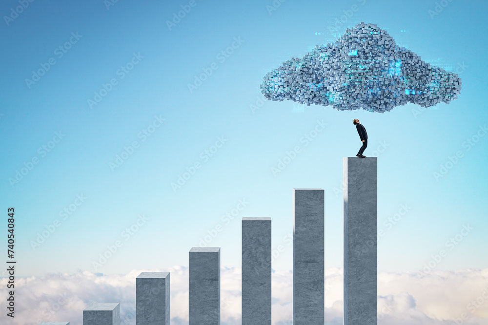 Aufkleber Man on concrete chart bars under abstract digital cloud with programming language on bright sky background. Digital storage, financial growth, database, network and technology concept.