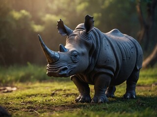 Fototapeta premium Still life photography of a rhino toy with enchanting jungle background