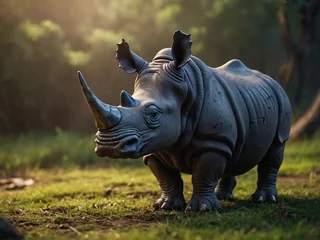 Deurstickers Still life photography of a rhino toy with enchanting jungle background © Mono