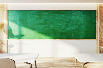 Clean modern classroom design with a prominent green chalkboard and wooden accents. 3D Rendering