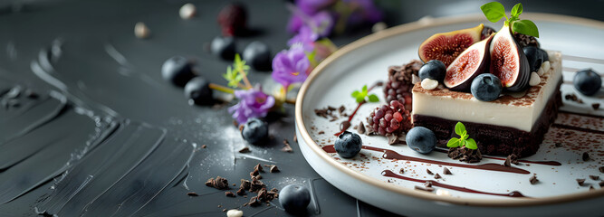 Chocolate dessert decorated with figs and blueberries, on a beautiful plate. Culinary art and the elegance of fine dining. Close-up. For banner, poster, book, background, desing. With copy space.  - Powered by Adobe