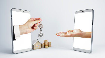Male hand handing key from smartphone to smartphone with house and coins on light background....