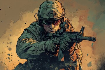 A soldier is pictured holding a gun firmly in his hand, Comic book style representation of a Delta Force soldier, AI Generated