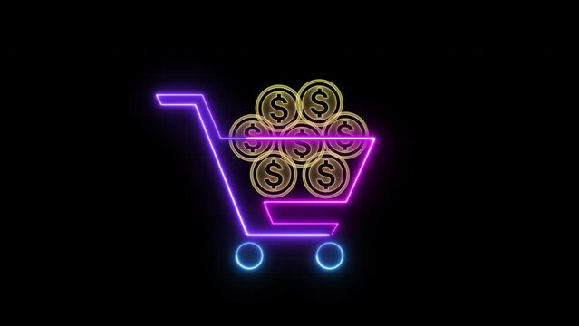 Money, profit, investment, growth business, economy, finance and success concept. 4K motion graphic animation of usa dollar coins with shopping cart icon isolated on transparent background.