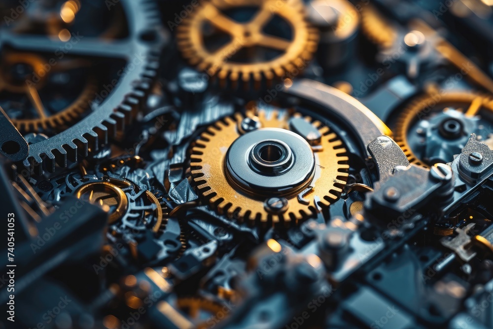 Poster close-up of clock gears with intricate mechanism, compact and intricate mechanical machinery, repres
