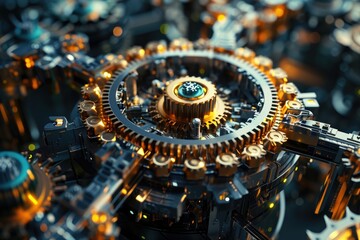 Close Up of a Mechanical Device With Rotating Gears and Cogs, Compact and intricate mechanical machinery, representing the inner workings of blockchain, AI Generated - obrazy, fototapety, plakaty