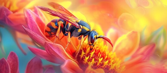 Beautiful bee collecting nectar on vibrant and colorful flower petals under the sun