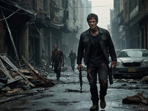 A group of mercenaries walked between the damaged buildings