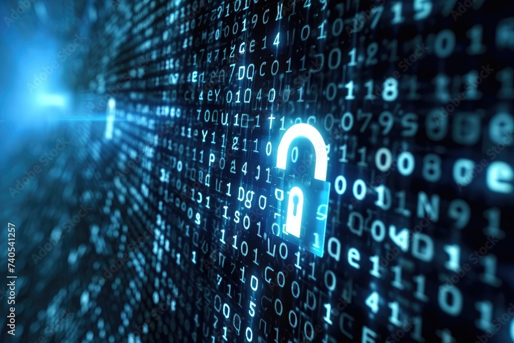 Poster a close-up photo of a lock displayed on a screen, with numbers in the background, computer code tran