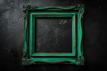 close up image of a distressed square blank green frame hanging on a black textured wall Generative AI