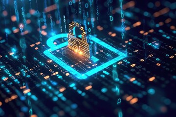 An abstract image showcasing a building adorned with various numbers and symbols, Computer code transforming into a lock symbolising encryption, AI Generated