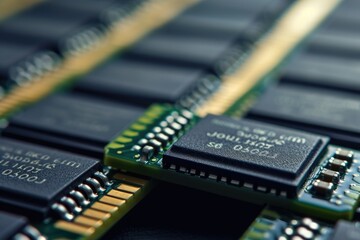 A detailed shot showcasing a variety of electronic components up close, highlighting their intricate designs and different types, Computer RAM modules in a row, AI Generated