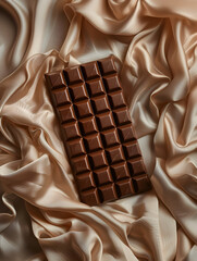 A chocolate bar on a silky, draped fabric. Minimalist. Stylised as a photo. AI. Indulgence, temptation, and sensory pleasure. Advertising, editorial content, or branding. - obrazy, fototapety, plakaty