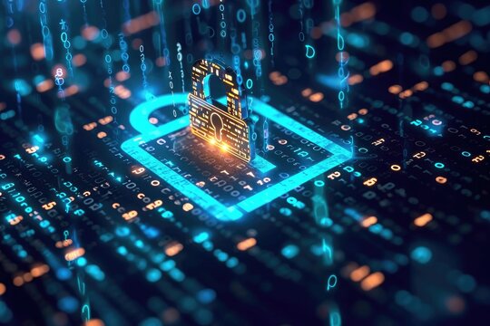 An abstract image showcasing a building adorned with various numbers and symbols, Computer code transforming into a lock symbolising encryption, AI Generated