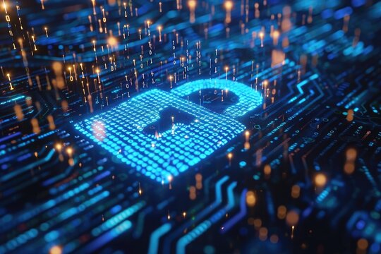 A vivid blue apple logo stands out amidst a dazzling array of lights, Computer code transforming into a lock symbolising encryption, AI Generated