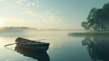 Rowboat Gently Drifting on the Water in a Serene Lakeside Scene     