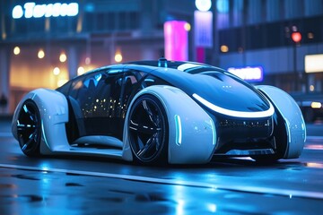 A sleek, high-tech car of the future is stationary on a busy urban street, showcasing the advancements in automotive design and technology, Concept of a self-driving electric car, AI Generated