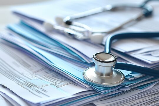 A stethoscope is placed on top of a pile of papers, symbolizing the intersection of healthcare and documentation, Concept image of a stethoscope draped over a pile of medical reports, AI Generated