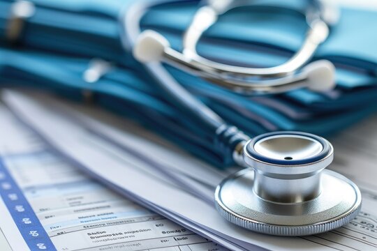 A stethoscope lays on top of a stack of medical paperwork, providing essential tools for healthcare professionals, Concept image of a stethoscope draped over a pile of medical reports, AI Generated