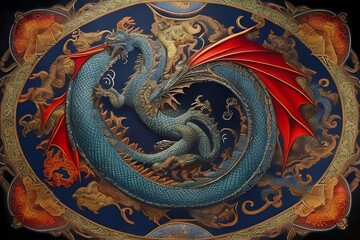 Obraz premium Mesmerizing dragon mandala art on flag - symbolizing strength, power, and cultural significance. Download now