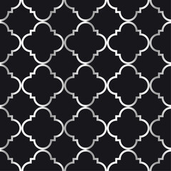Abstract geometric moroccan vector seamless pattern. Silver line ornament on black background.