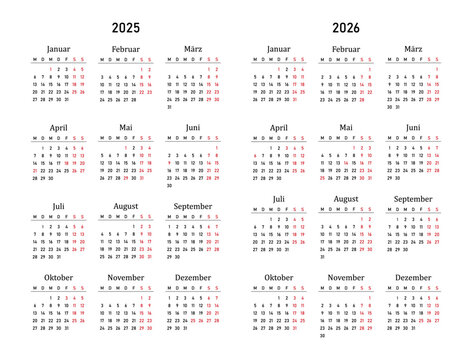 2025, 2026 calendar minimalist on german language with german holidays. Week start on monday. Vector illustration