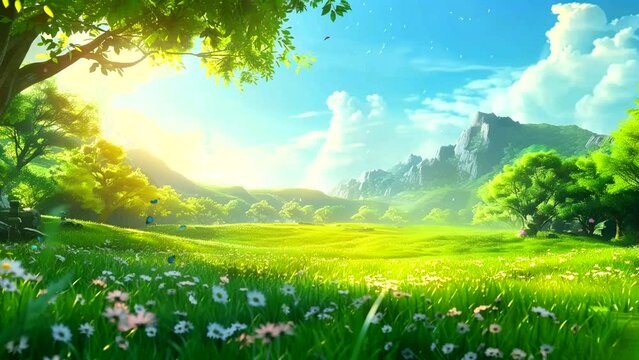 beautiful summer landscape with clear skies and green meadow. Seamless looping 4k time-lapse video animation background