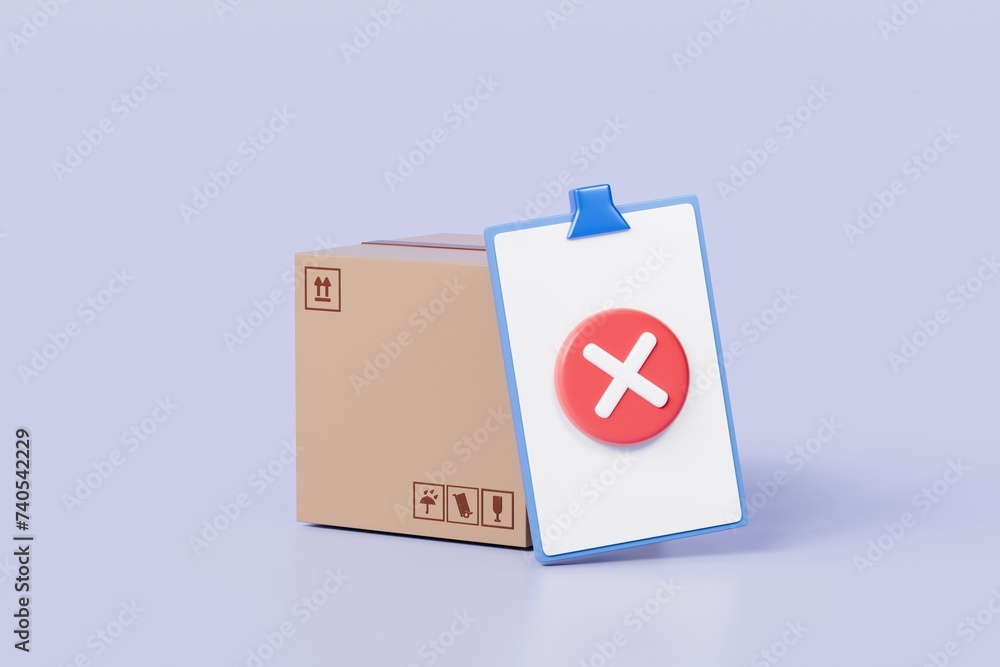 Poster 3d cardboard box and clipboard with products order delivery failed checklist with a cross mark icon.