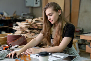 A young woman is training to be a carpenter in the workshop. She works with a laptop computer in a wood workshop. female carpenter contact customers by smartphone. SME orders, Start-ups and small
