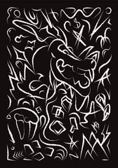 Dragon Abstract doodle illustration Brush stroke Street art Greeting card White chalk  hand-drawn illustration Isolated on a black background