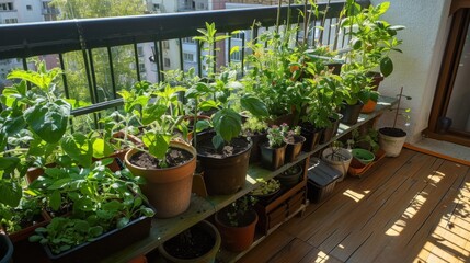gardening on a balcony, herbs in pots