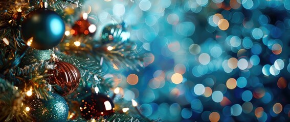 Obraz na płótnie Canvas Christmas Tree With Baubles And Blurred Shiny Lights