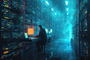 A man sits at a desk in a dark room, engrossed in his work, Conceptual artwork representing the accessibility of NAS storage, AI Generated - obrazy, fototapety, plakaty