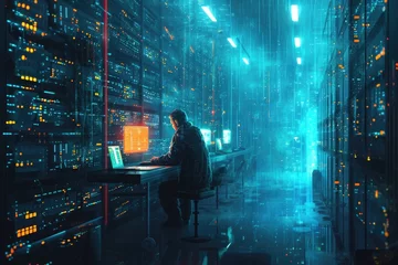 Fotobehang A man sits at a desk in a dark room, engrossed in his work, Conceptual artwork representing the accessibility of NAS storage, AI Generated © Iftikhar alam
