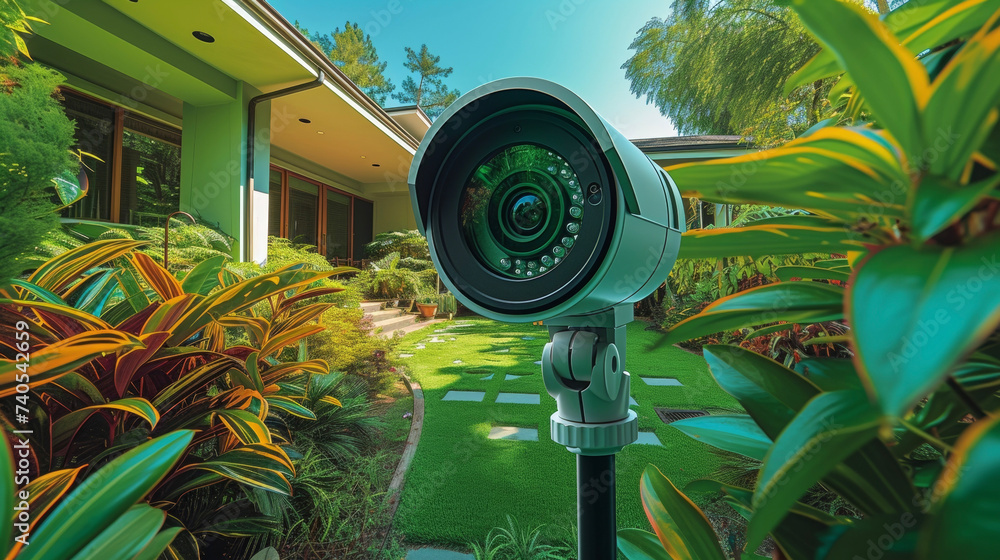 Poster macro view of a security camera being positioned to cover the entire perimeter of the house with its