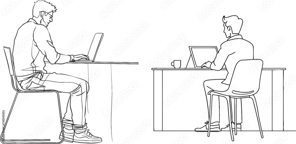 Poster one line drawing of man working with laptop computer behind desk