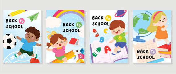 Back to school cover vector set. Background design with children and education accessories element. Kids hand drawn flat design for poster , wallpaper, website and cover template.