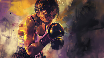 Asian woman boxer, stunning watercolor portrait in grunge style, purple tones