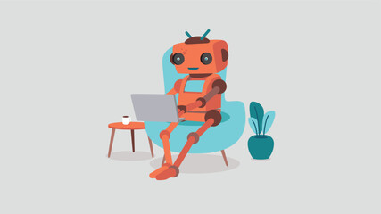 Ein Roboter sitzt auf einem Stuhl und arbeitet entspannt an seinem Home-Office-Tisch