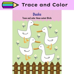 Pen tracing lines activity worksheet for children. Pencil control for kids practicing motoric skills. Ducks educational printable worksheet. Vector illustration.