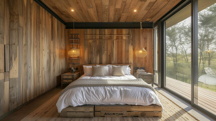 Each bedroom in this house has its own unique feature such as an accent wall made of recycled shipping crates or a headboard crafted from reclaimed wood planks.