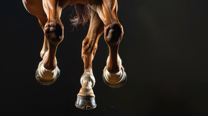 Closeup of a horse's legs in a jump on a black background. Animal in motion - obrazy, fototapety, plakaty
