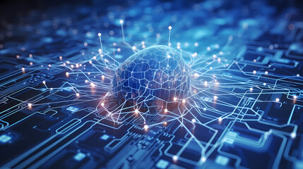 Naklejka na ściany i meble Artificial intelligence background, blue world network circuit future technology background