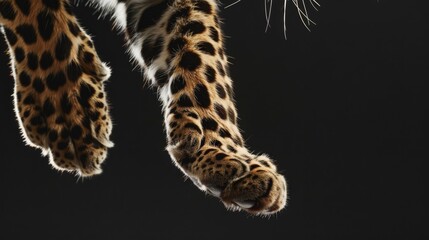 Naklejka premium Closeup of a leopard's paw in a jump on a black background. Animal in motion.