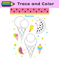 Pen tracing lines activity worksheet for children. Pencil control for kids practicing motoric skills. Ice-cream educational printable worksheet. Vector illustration. - 740543634