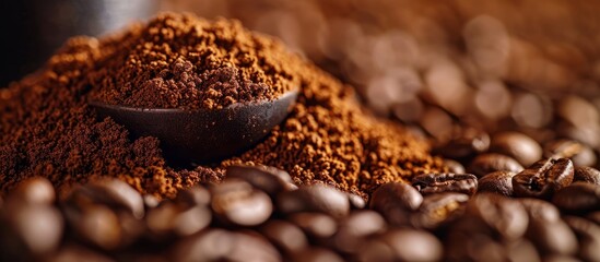 A pile of coffee beans with a spoon in it, a staple food ingredient for various cuisine recipes. The macro photography captures the rich aroma of the beans placed on a wooden surface