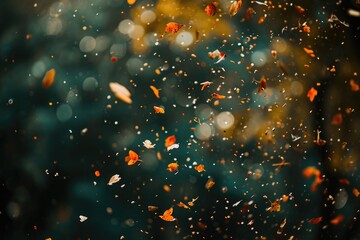 A photo capturing the dynamic movement of leaves as they fall through the air, creating a blurry effect, Confetti frozen in time as they fall, AI Generated
