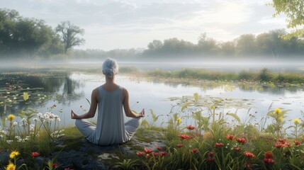 A peaceful oasis for a retiree who finds solace in her daily yoga practice while overlooking a calm river surrounded by vibrant wildflowers. - obrazy, fototapety, plakaty