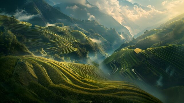 Breathtaking landscape of lush green hills bathed in golden sunlight. serene nature scene perfect for wall art. AI